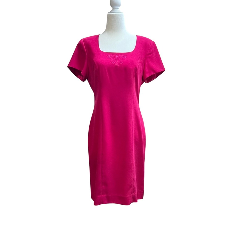 Vintage Liz Claiborne Petite Pink Sheath Dress Square Neck Embroidered Sz 8P GUC